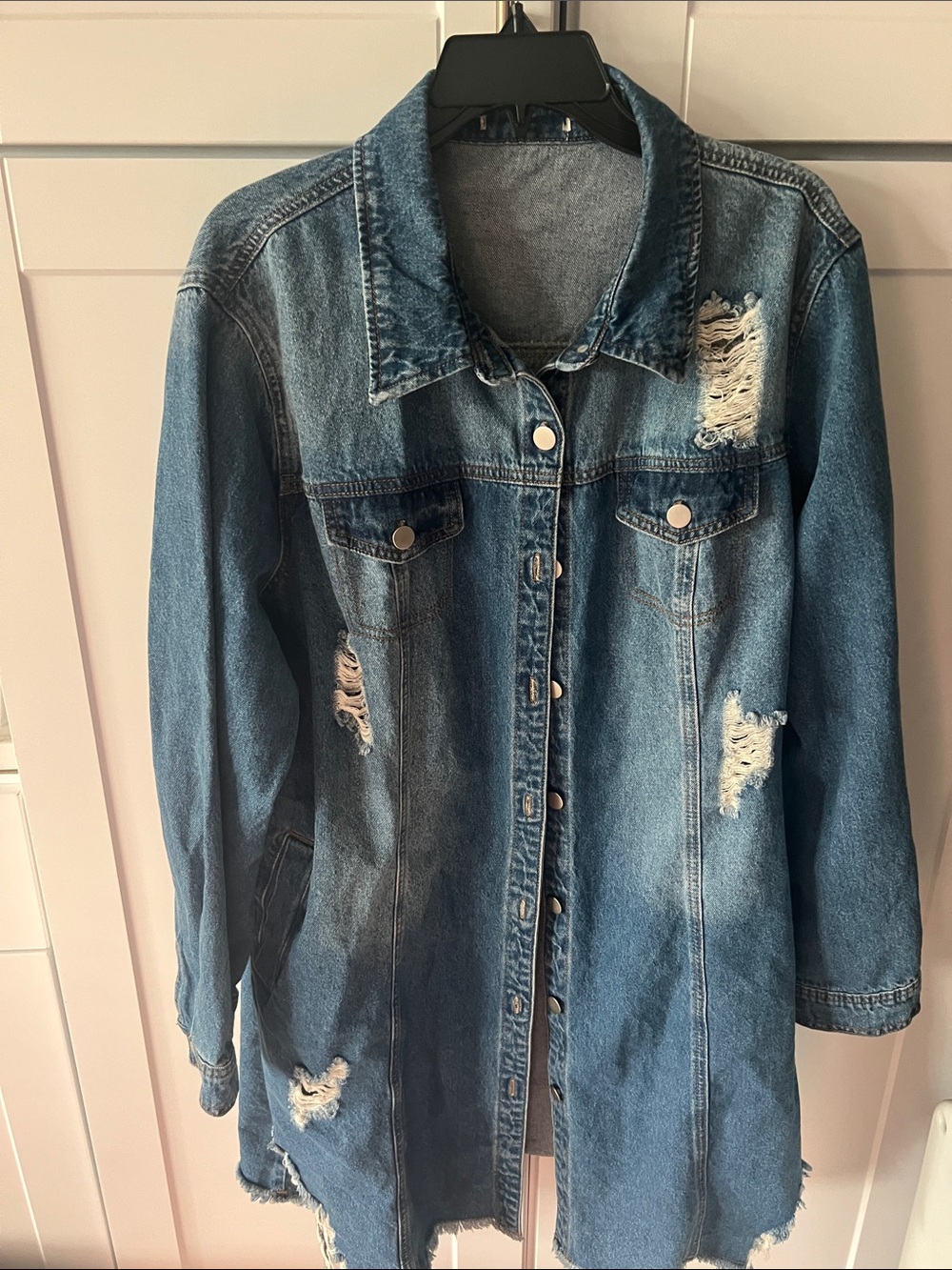 Distressed Long Blue Denim Jacket